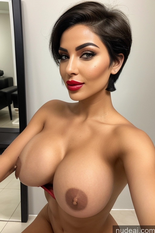 ai nude image of a close up of a woman with a big breast posing for a picture pics of One Perfect Boobs Big Ass Lipstick 20s Mirror Selfie Front View Nude Bright Lighting Detailed Black Hair Bedroom Busty Short Hair Pubic Hair Sexy Face Straight Arabic Bimbo Dark Skin