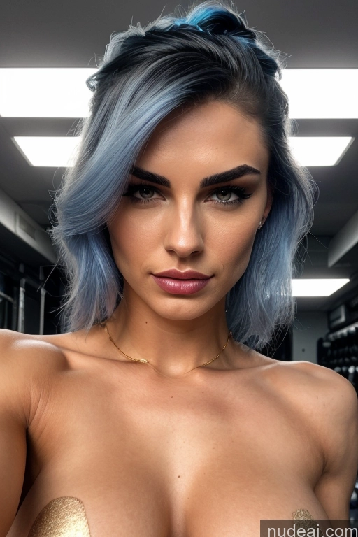 ai nude image of a close up of a woman with blue hair and a gold bra pics of Model Abs Perfect Boobs Fairer Skin 18 Pouting Lips Blue Hair Braided White Cyberpunk Front View Gaming Sci-fi Armor Topless Gold Jewelry Dark Lighting Detailed