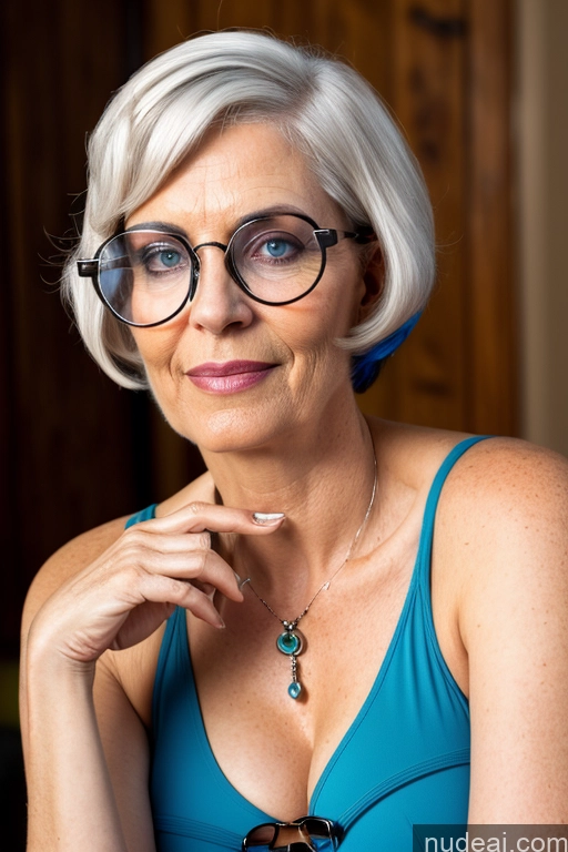 ai nude image of blond woman with glasses and blue top posing for a picture pics of German Nude Jewelry 70s Busty Seductive White Hair Bobcut Milf Bedroom Big Ass Glasses