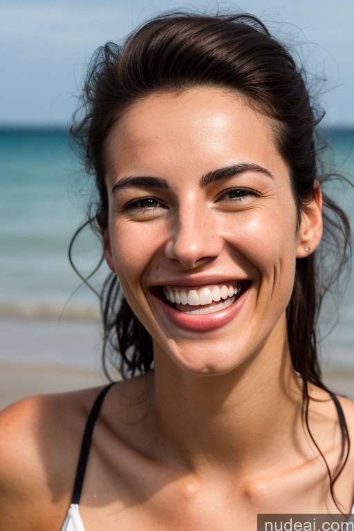 related ai porn images free for Skinny 18 Black Hair Messy British Fairer Skin Woman Dark Lighting Front View Happy Laughing Beach Bikini