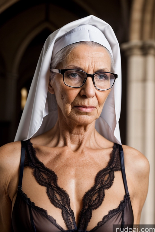 ai nude image of arafed woman in a black bra and glasses with a white head scarf pics of 70s Orgasm Serious Church Nun Dress Lingerie Model