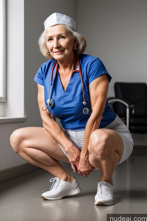 ai nude image of arafed woman in a blue shirt and white hat kneeling down pics of 70s Squatting Nurse