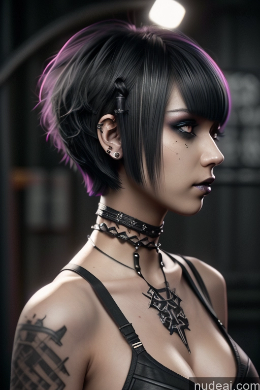 ai nude image of arafed woman with a black top and purple hair and piercings pics of Sorority Cyberpunk Graphics Nude Close-up View Rainbow Haired Girl Braided Perfect Boobs Short Hair Gothic Punk Girl