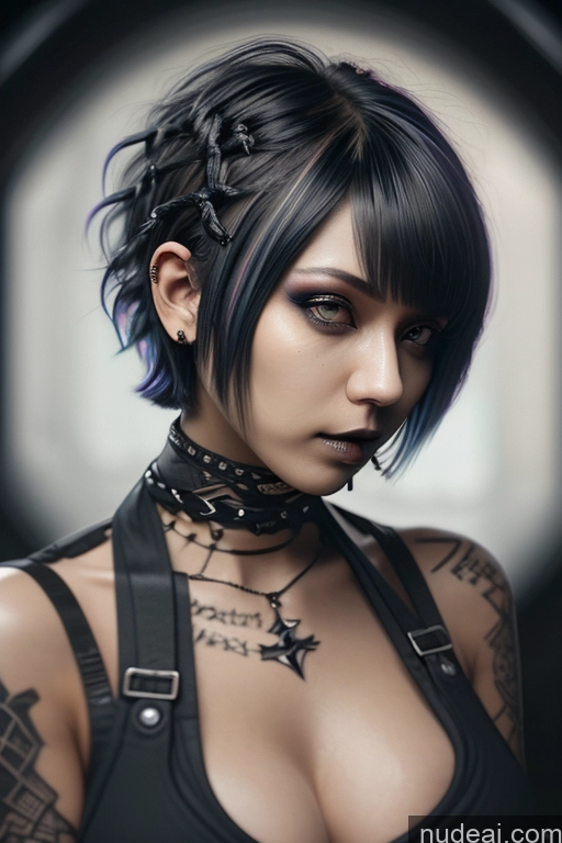 ai nude image of arafed woman with a black top and a choker and tattoos pics of Nude Close-up View Rainbow Haired Girl Braided Perfect Boobs Short Hair Gothic Punk Girl Raiden Mei Milf