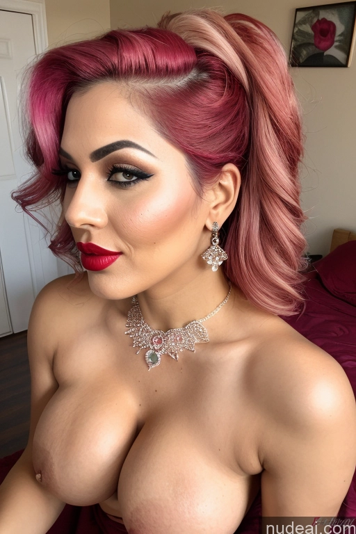 ai nude image of a close up of a woman with pink hair and a necklace pics of Milf Perfect Boobs Busty Big Ass Big Hips 20s Seductive Sexy Face Bedroom Nude Indian Lipstick Jewelry Orgasm Pink Hair