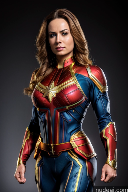 ai nude image of a close up of a woman in a costume posing for a picture pics of Regal Front View Muscular Busty Cosplay Superhero Captain Marvel Neon Lights Clothes: Yellow