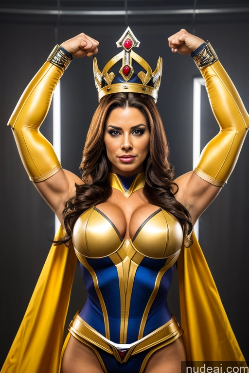 ai nude image of arafed woman in a gold and blue costume posing for a picture pics of Regal Cosplay Power Rangers Busty Muscular Front View