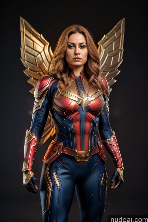 ai nude image of a woman in a costume with wings on her chest pics of Regal Cosplay Busty Muscular Front View Captain Marvel Has Wings