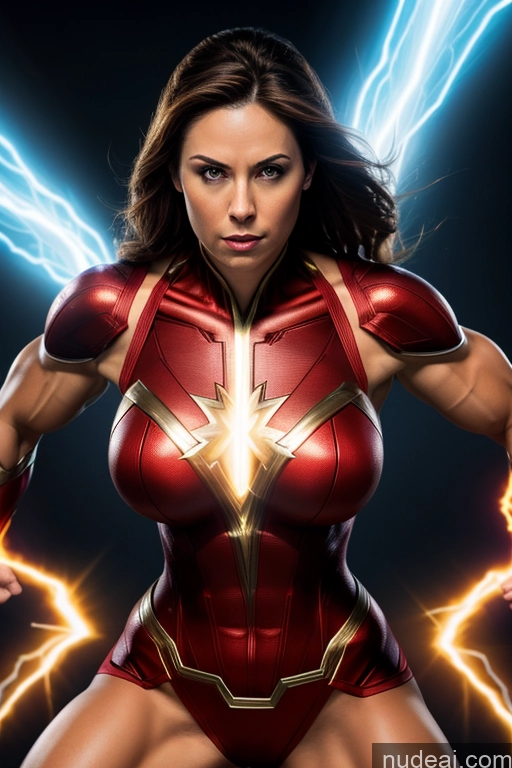 ai nude image of a woman in a red and gold costume with lightning coming out of her chest pics of Mary Thunderbolt Busty Muscular Powering Up Heat Vision Neon Lights Clothes: Red Dynamic View