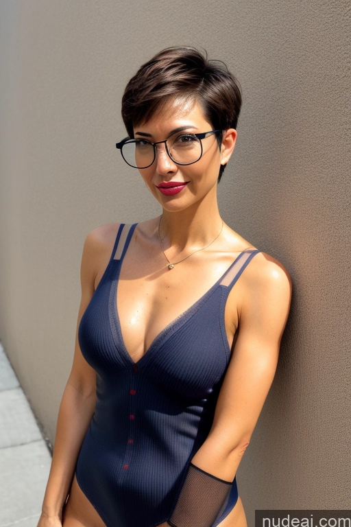 ai nude image of there is a woman in a blue bodysuit and glasses posing for a picture pics of Milf Perfect Boobs Small Tits Beautiful Glasses Perfect Body Pubic Hair Short Hair 60s Bobcut Asian Sweater Stockings Cleavage Partially Nude Dark Lighting