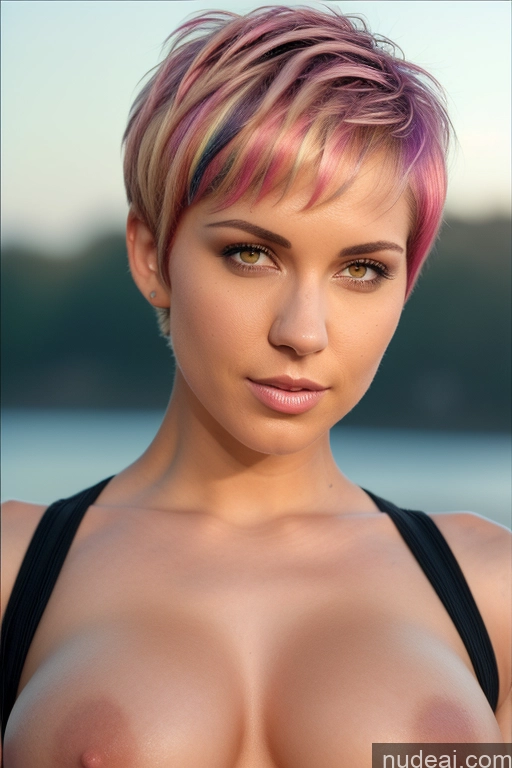 ai nude image of arafed woman with pink hair and a black top posing for a picture pics of Athlete Perfect Boobs Short Hair Nude Close-up View Rainbow Haired Girl Slicked Bra Pull Down Dream Mecha Girl