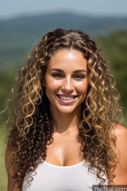 ai nude image of arafed woman with curly hair and a white tank top smiling pics of Woman One Perfect Boobs Perfect Body Long Hair Curly Hair 18 Blonde Bedroom Front View Cumshot Nude Happy Ponytail