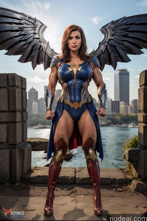 ai nude image of arafed woman in a costume with wings and a sword pics of Front View Superheroine Muscular Superhero Cosplay Busty Has Wings