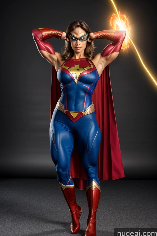 ai nude image of araffe woman in a superman costume posing with a glowing sword pics of Front View Superheroine Muscular Superhero Cosplay Busty Powering Up