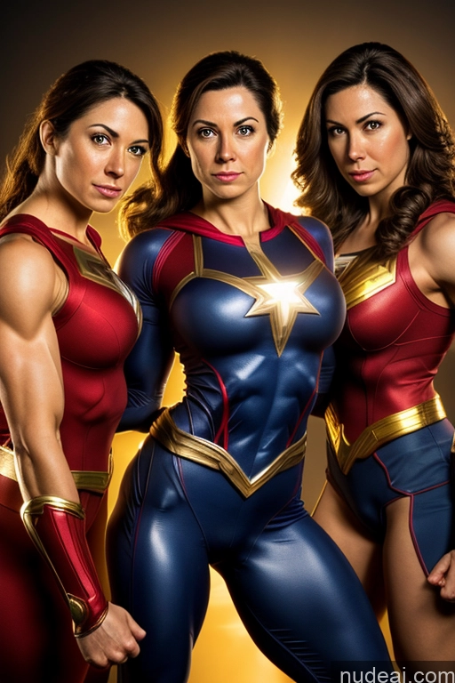 ai nude image of arafed image of three women in superhero costumes posing for a picture pics of Front View Muscular Busty Mary Thunderbolt Cosplay Powering Up