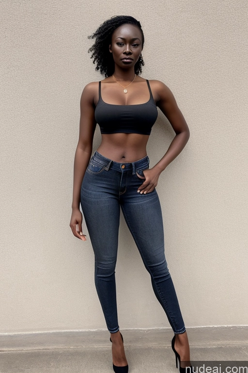 ai nude image of araffe woman in black top and jeans posing for a picture pics of 18 Pixie Blonde Model Partially Nude Bright Lighting African Small Ass Busty Skinny Dark Skin Crop Top High Heels Jeans