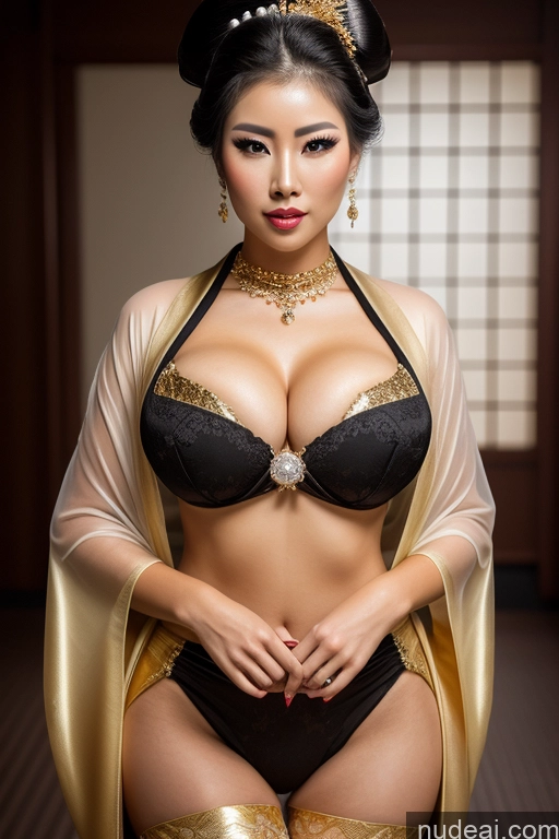 ai nude image of araffe asian woman in a black and gold outfit posing for a picture pics of Busty Perfect Boobs Orgasm Seductive Black Hair Diamond Jewelry Gold Jewelry Pearl Jewelry Sexy Face Transparent High Socks Hair Bun Geisha Fantasy Armor Kimono Indonesian