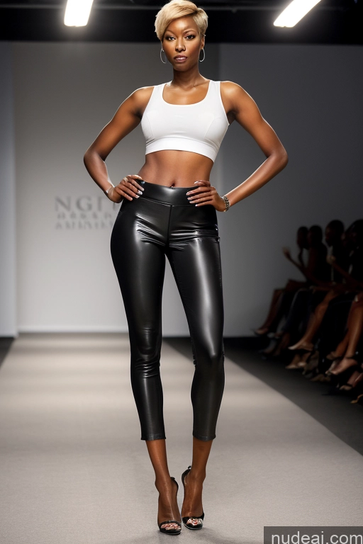 ai nude image of arafed woman in a white top and black pants on a runway pics of Pixie Blonde Model Bright Lighting African Small Ass Busty Skinny Dark Skin Front View Office High Heels Short Hair Long Legs 20s Short Shorts Tank Top Latex Yoga Pants Steampunk