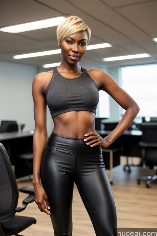 ai nude image of there is a woman in a black top and black pants posing for a picture pics of Pixie Blonde Model Bright Lighting African Small Ass Skinny Dark Skin Front View Office High Heels Short Hair Long Legs Tank Top Yoga Pants Steampunk 40s