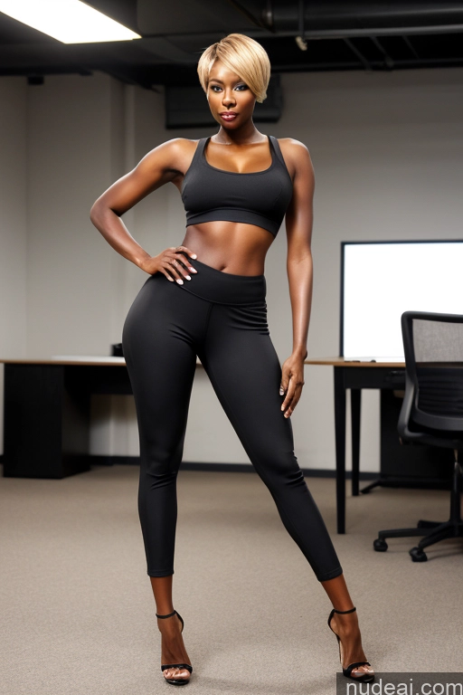 ai nude image of there is a woman in a black top and black pants posing for a picture pics of Pixie Blonde Model Bright Lighting African Small Ass Skinny Dark Skin Front View Office High Heels Short Hair Long Legs Tank Top Yoga Pants Steampunk 40s