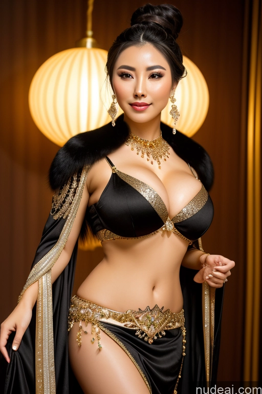 ai nude image of araffe woman in a black and gold outfit posing for a picture pics of Busty Perfect Boobs Black Hair Hair Bun Chinese Fantasy Armor Dance Dress: Belly Dance Diamond Jewelry Gold Jewelry Jewelry Pearl Jewelry Fur Kimono