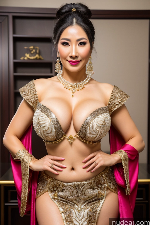 ai nude image of araffed asian woman in a gold and pink outfit posing for a picture pics of Busty Perfect Boobs Black Hair Hair Bun Chinese Fantasy Armor Dance Dress: Belly Dance Diamond Jewelry Gold Jewelry Jewelry Pearl Jewelry Fur Kimono 40s