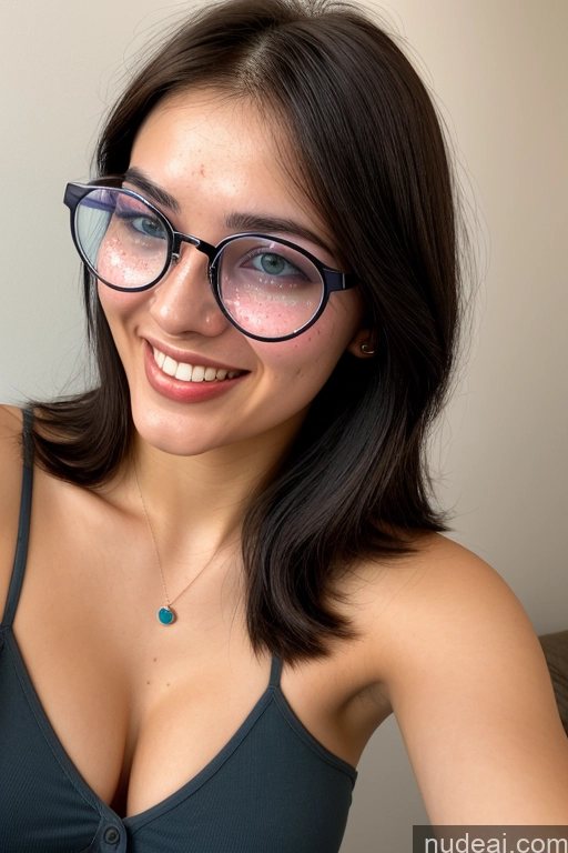 ai nude image of smiling woman wearing glasses and a bra top with a blue necklace pics of Woman One Small Tits Beautiful Big Ass 18 Happy Black Hair Bangs Meadow Front View Sundress Topless Jewelry Bright Lighting Korean Skin Detail (beta) Glasses