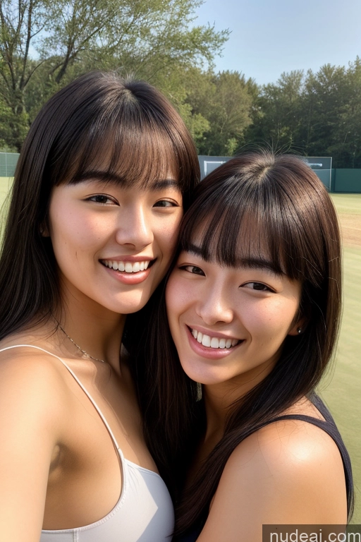 ai nude image of two asian women are posing for a picture on a tennis court pics of Woman Small Tits Beautiful Big Ass 18 Happy Black Hair Bangs Front View Topless Jewelry Bright Lighting Korean Skin Detail (beta) Tennis Meadow Two