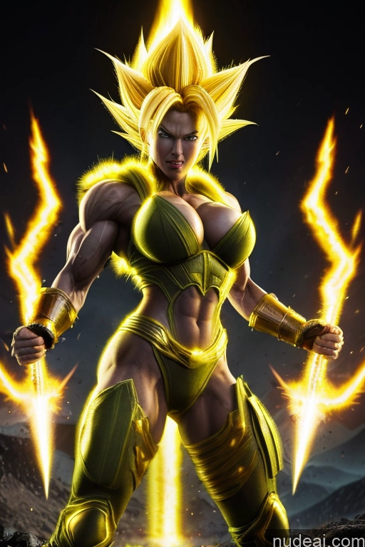 Super Saiyan 3 Powering Up Busty Muscular Super Saiyan Regal Neon Lights Clothes: Yellow Battlefield