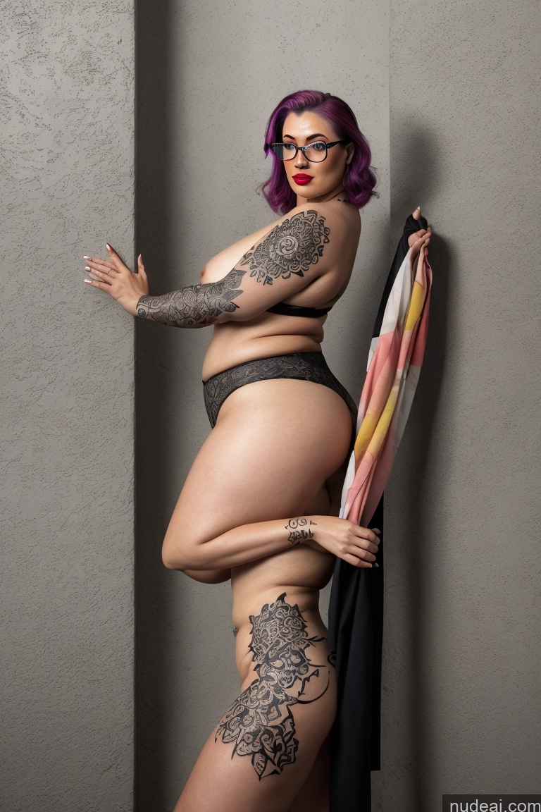 ai nude image of arafed woman with purple hair and glasses leaning against a wall pics of Thick Small Tits Milf Fairer Skin Pink Hair Lipstick Big Hips Glasses Pubic Hair 30s Choker Chubby Big Ass Nude Tattoos Indian Skin Detail (beta) Bedroom