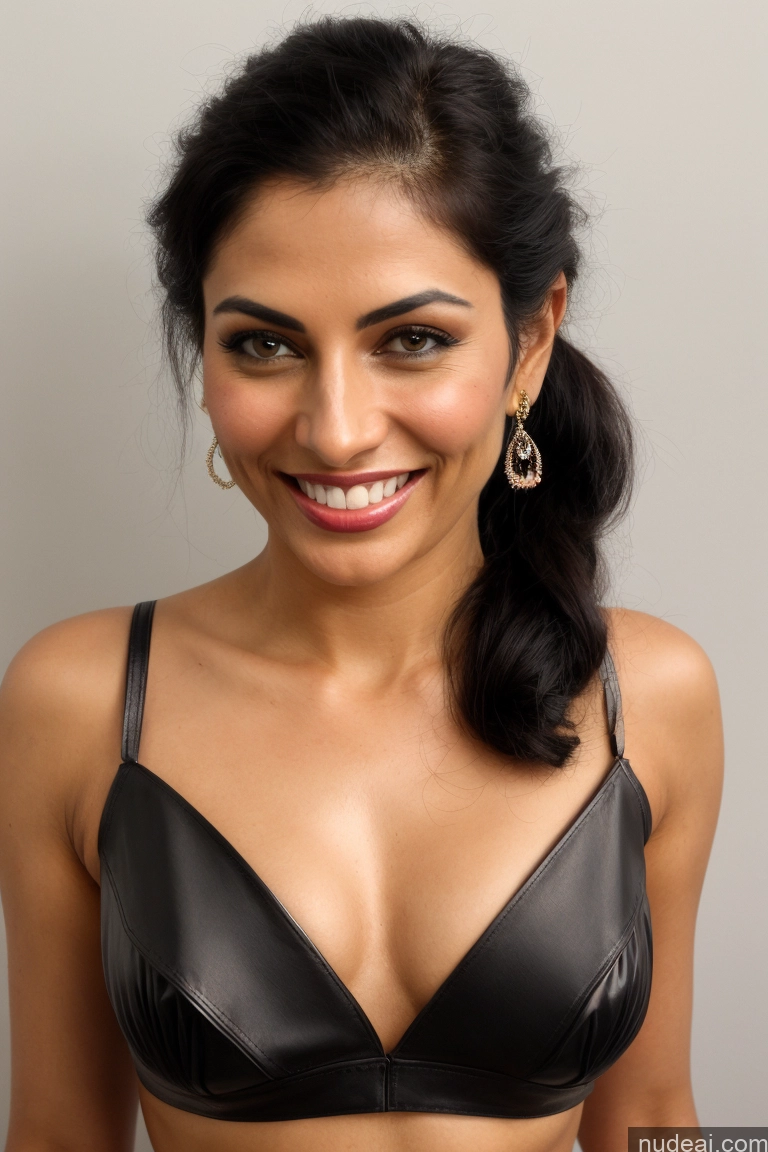 ai nude image of smiling woman in black bra top posing for a picture pics of Milf One Small Tits 30s Happy Black Hair Ponytail Indian Vintage Stage Front View Sari Satin Jewelry Partially Nude Topless Transparent Cleavage Sleeping Leather