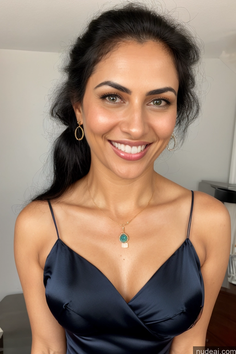 ai nude image of smiling woman in a blue dress with a green necklace and earrings pics of Milf One Small Tits 30s Happy Black Hair Ponytail Indian Vintage Stage Front View Sari Satin Jewelry Partially Nude Topless Transparent Cleavage Sleeping Dress Sweater Shirt