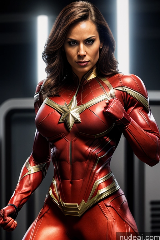 ai nude image of a close up of a woman in a red suit posing for a picture pics of Captain Marvel Superheroine Busty Abs Science Fiction Style Dynamic View Superhero Powering Up Heat Vision