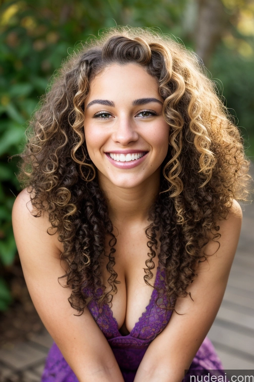 ai nude image of smiling woman with curly hair and purple dress sitting on a wooden deck pics of Beautiful Busty Curly Hair 18 Happy Middle Eastern Spreading Legs One Nude Jewelry Detailed