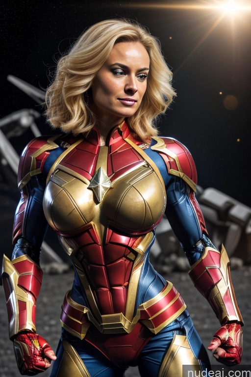 Captain Marvel Busty Superhero Powering Up Blonde Cosplay Science Fiction Style Bodybuilder Abs Space Perfect Boobs Heat Vision SuperMecha: A-Mecha Musume A素体机娘