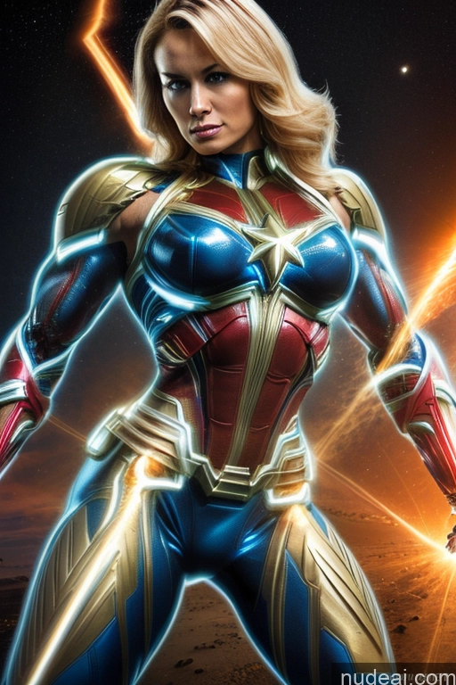 ai nude image of a woman in a costume with a sword standing in front of a star pics of Captain Marvel Busty Superhero Powering Up Blonde Cosplay Science Fiction Style Bodybuilder Abs Space Perfect Boobs Heat Vision SuperMecha: A-Mecha Musume A素体机娘 Neon Lights Clothes: Blue