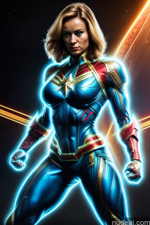 Captain Marvel Busty Superhero Powering Up Cosplay Science Fiction Style Bodybuilder Abs Perfect Boobs Heat Vision SuperMecha: A-Mecha Musume A素体机娘 Space Regal Neon Lights Clothes: Blue