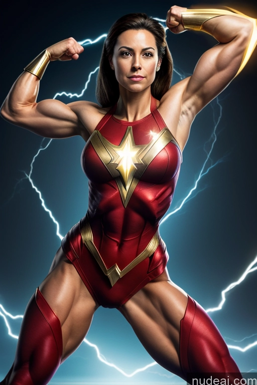 ai nude image of a close up of a woman in a red and gold costume pics of Regal Mary Thunderbolt Powering Up Neon Lights Clothes: Red Muscular Fairer Skin