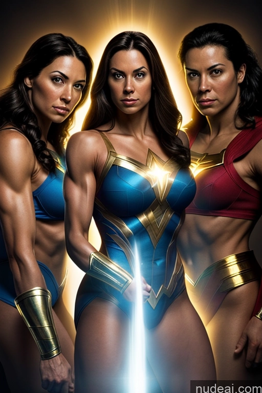 ai nude image of a close up of three women in bikinis posing for a picture pics of Regal Mary Thunderbolt Powering Up Neon Lights Clothes: Red Muscular Fairer Skin