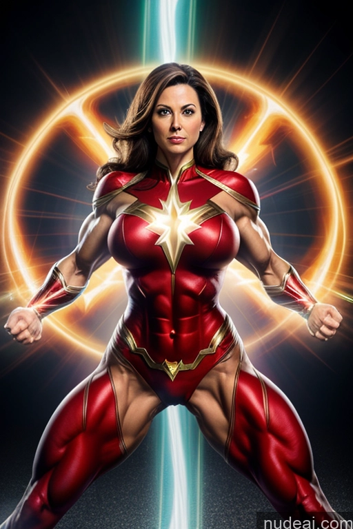 ai nude image of a woman in a red and gold costume standing in front of a circular light pics of Mary Thunderbolt Neon Lights Clothes: Red Fairer Skin Busty Muscular Milf Powering Up