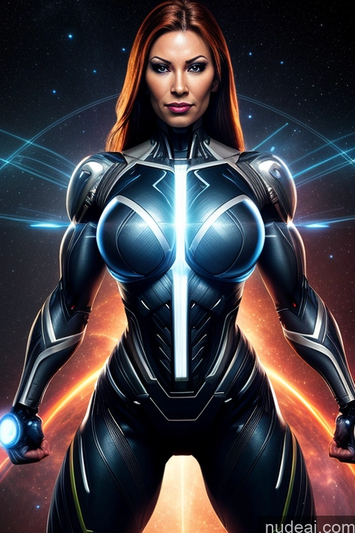 Cyborg Busty Muscular Science Fiction Style Space Dynamic View Heat Vision Neon Lights Clothes: Red Powering Up