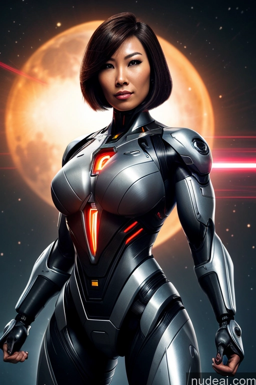 Cyborg Busty Muscular Science Fiction Style Dynamic View Heat Vision Powering Up Bobcut Asian Moon Mech Suit