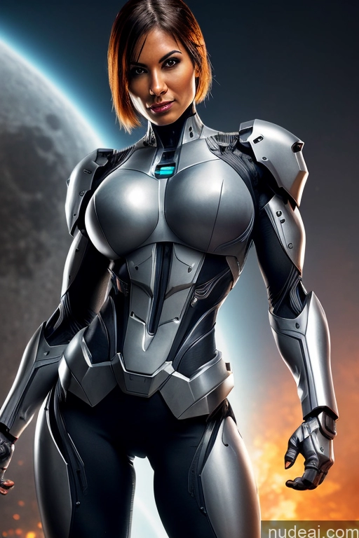 ai nude image of a close up of a woman in a futuristic suit standing in front of a planet pics of Cyborg Busty Muscular Science Fiction Style Dynamic View Heat Vision Powering Up Bobcut Moon Latina Sci-fi Armor Abs Mech Suit Mecha Musume + Gundam + Mecha Slider