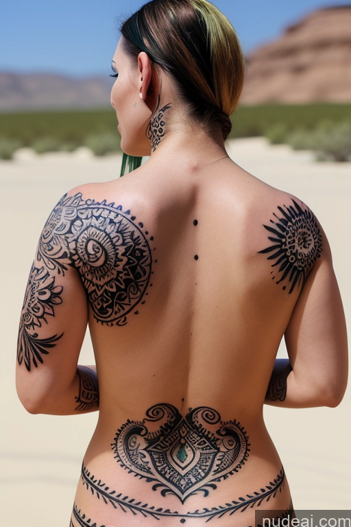 ai nude image of arafed woman with tattoos on her back standing on a beach pics of Green Hair Desert Close-up View Bra Pull Down Nude Busty Perfect Boobs Big Ass Tattoos