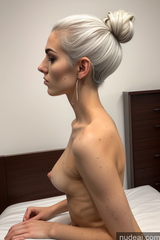 ai nude image of there is a woman with a very big breast sitting on a bed pics of Woman Pubic Hair Bedroom Cumshot Nude Skinny Small Ass 18 Small Tits Hair Bun White Hair Side View