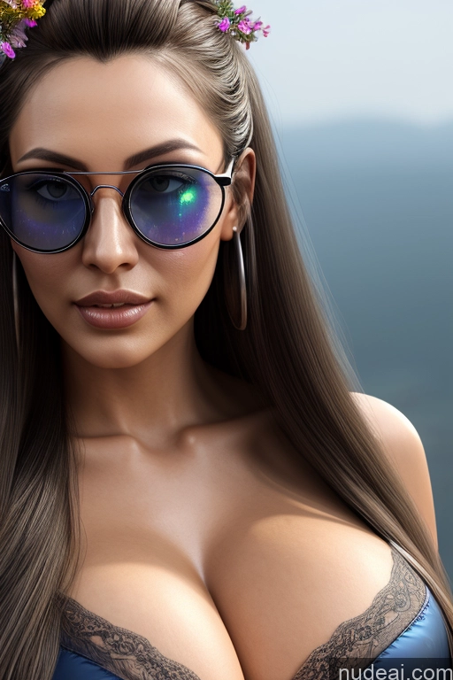 ai nude image of arafed woman with sunglasses and a flower crown on her head pics of One Busty Huge Boobs Big Ass Thick Glasses 20s Sexy Face Brunette Long Hair Chinese 3d Cafe Close-up View Lingerie Diamond Jewelry Dark Lighting Alternative Detailed Lingerie Model