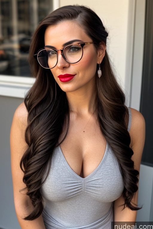 ai nude image of arafed woman with glasses and a gray top posing for a picture pics of Milf One Busty Beautiful Glasses Lipstick Big Ass Short Pubic Hair Brunette Sexy Face Long Hair Skin Detail (beta) Front View Yoga Nude Italian