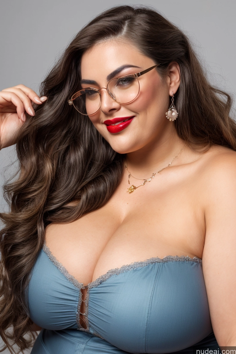 ai nude image of arafed woman with glasses and a blue bra top posing for a picture pics of Happy 30s Huge Boobs Glasses Gold Jewelry Busty Long Hair Chubby Lipstick Thick Close-up View Woman Pearl Jewelry Diamond Jewelry Brunette