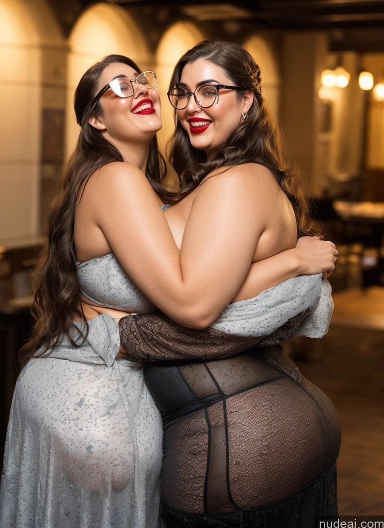 ai nude image of two women in lingersuits hugging each other in a room pics of 30s Huge Boobs Glasses Busty Long Hair Brunette Sexy Face Lingerie Model Chubby Lipstick Laughing Fairer Skin One Piece Swimsuit