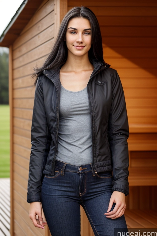 ai nude image of arafed woman in a black jacket and jeans standing in front of a wooden cabin pics of Woman One Skinny Fairer Skin 18 Black Hair British Front View Jacket Jeans Sauna Shirt